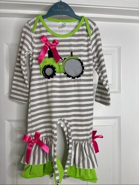 Gray & White Striped Romper with Green Tractor Applique